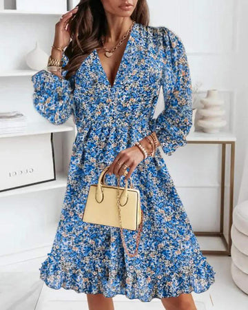 PUFF SLEEVE RUFFLE HEM SHIRRED DITSY FLORAL PRINT DRESS