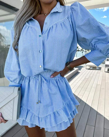 LANTERN SLEEVE BUTTONED SHIRT RUFFLE HEM SKORTS SET