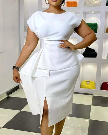 ROUND NECK SHORT SLEEVE SLIT WORK DRESS