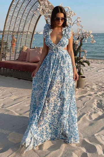 Floral Maxi Dress with Flutter Sleeves