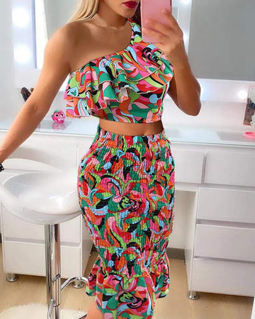 PAISLEY PRINT RUFFLES CROP TOP SHIRRED SKIRT SET