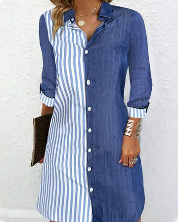 STRIPED COLORBLOCK BUTTONED SHIRT DRESS