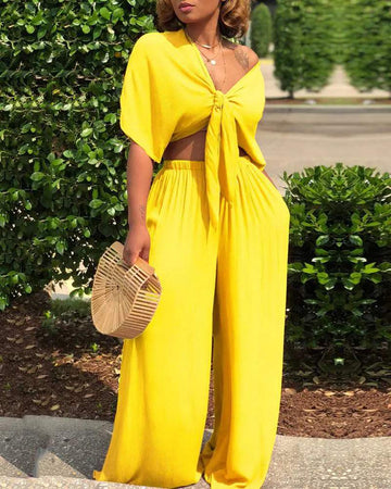 SHORT SLEEVE KNOTTED TOP WIDE LEG PANTS SET