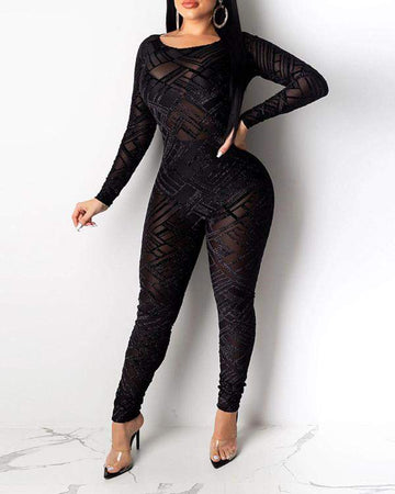 Geometric Pattern Keyhole Back Long Sleeve Skinny Mesh Jumpsuit