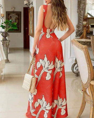 PLANTS PRINT BACKLESS WIDE LEG JUMPSUIT