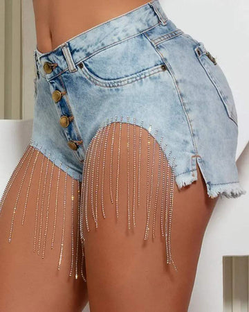 TASSEL DESIGN BUTTON FLY RAW HEM DENIM SHORTS