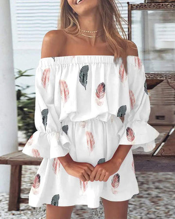 FEATHER PRINT OFF SHOULDER BELL SLEEVE CASUAL DRESS