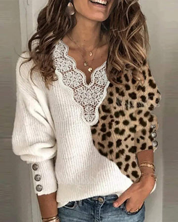 CHEETAH PRINT LANTERN SLEEVE LACE TRIM SWEATER
