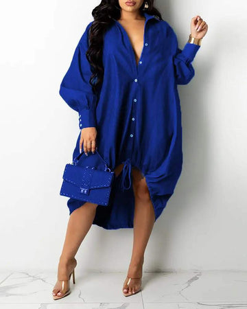 PLUS SIZE LONG SLEEVE DIP HEM BUTTONED SHIRT DRESS