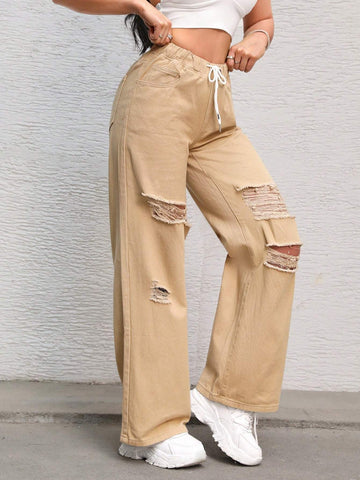 SXY WOMEN S DISTRESSED DRAWSTRING WAIST DENIM PANTS