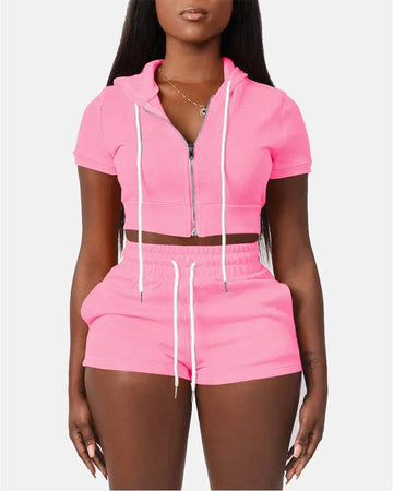 ZIPPER DESIGN HOODED TOP DRAWSTRING SHORTS SET