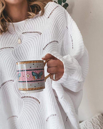 Hollow Out Long Sleeve Plain Sweater