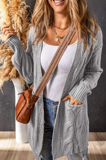 RIBBED TRIM EYELET CABLE KNIT CARDIGAN