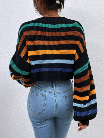 STRIPE PATTERN LANTERN SLEEVE SWEATER