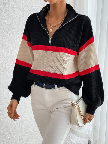 COLOR BLOCK HALF ZIPPER DROP SHOULDER SWEATER