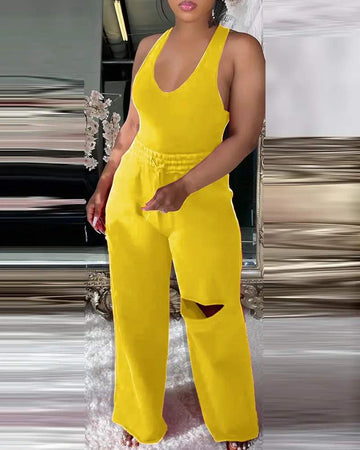 U NECK BODYSUIT DRAWSTRING CUTOUT WIDE LEG PANTS SET