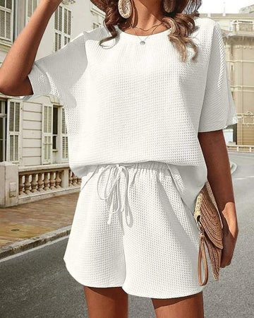 WAFFLE KNIT ROUND NECK TOP DRAWSTRING SHORTS SET