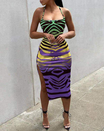 NEW Leopard Print Cisscross Backless High Slit Party Dress