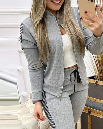 CONTRAST PLAID JACKET DRAWSTRING PANTS SET