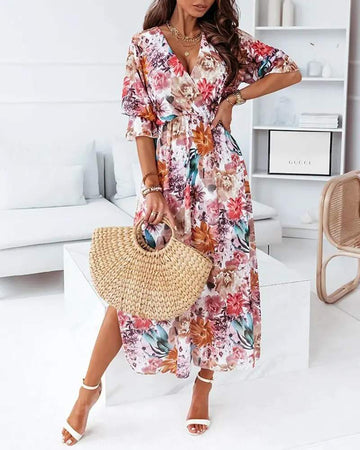 FLORAL PRINT PUFF SLEEVE SPLIT HEM WRAP DRESS