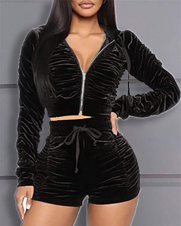 Velvet Crop Set: Stylish Zipper Jacket & Shorts
