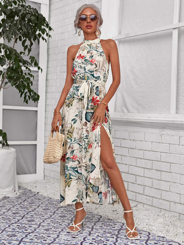 Casual Floral Halter Neck Dress for Ladies