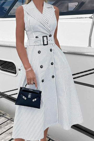 COLLARED STRIPED MIDI DRESS