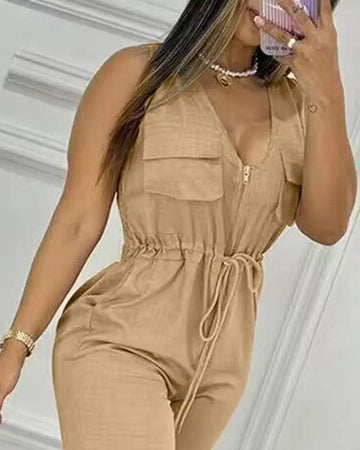 ZIPPER DESIGN SHIRRED DRAWSTRING JUMPSUIT