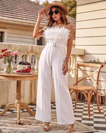 FEATHER DECOR STRAIGHT LEG TUBE JUMPSUIT WITH BELT