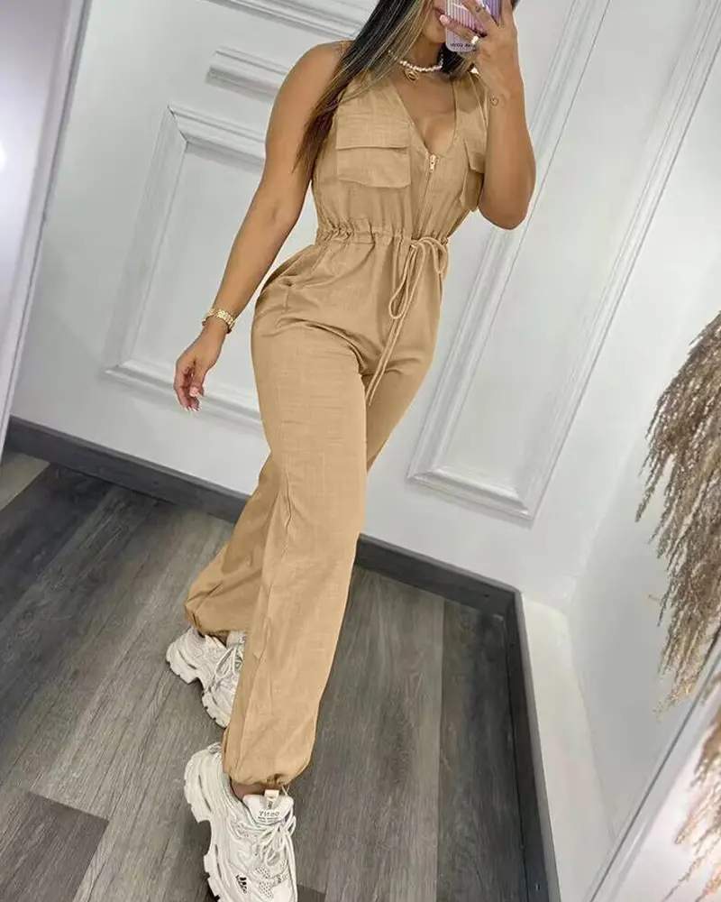 ZIPPER DESIGN SHIRRED DRAWSTRING JUMPSUIT