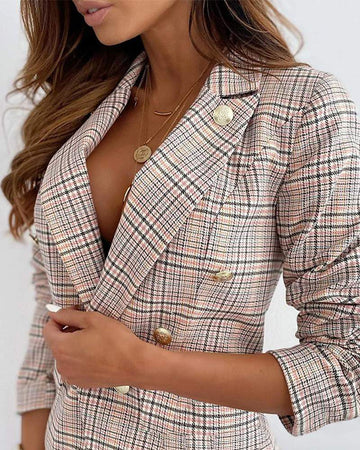 NEW Plaid Print Lapel Collar Double Breasted Blazer