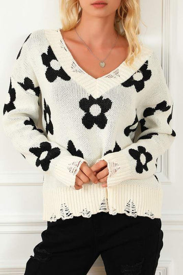 BEIGE FLORET KNITTED V NECK DISTRESSED SWEATER