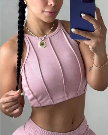 PIPING CROP TANK TOP POCKET DESIGN PANTS SET