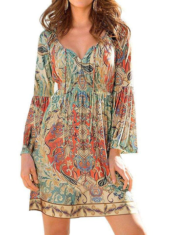 WOMEN DRESS LONG SLEEVE BEACH SUMMER DRESSES FLORAL PRINT VINTAGE MAXI DRESS