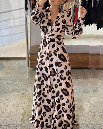 Leopard Print Wrap Dress, Chic Button-Up Dress