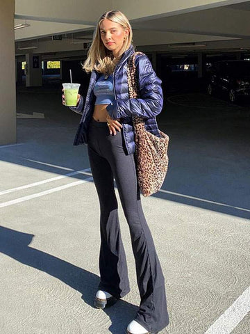 WOMEN LONG PANTS BLACK PIPING POLYESTER BUTTON FLY STRETCH RAISED WAIST FLARED TROUSERS