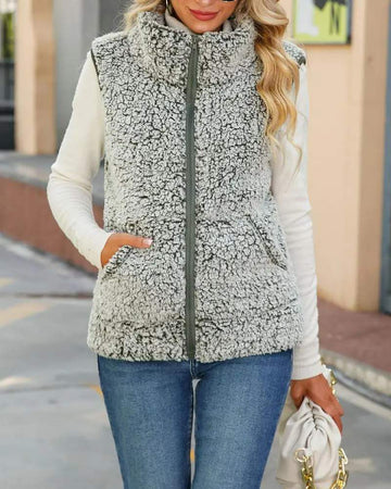SLEEVELESS ZIP UP TEDDY VEST COAT