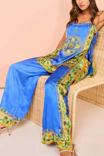 PRINTED MULTICOLOR SATIN TOP PANTS SET