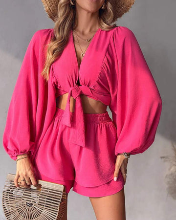 TIED DETAIL LANTERN SLEEVE TOP DOUBLE LAYERED SHORTS SET