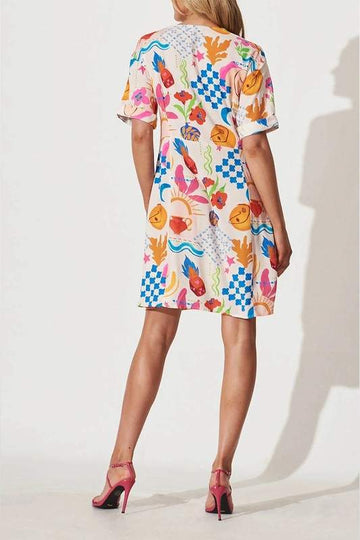 PRINTED V NECK MINI DRESS