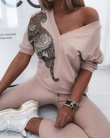 TIGER FLORAL PRINT VNECK TOP PANTS SET