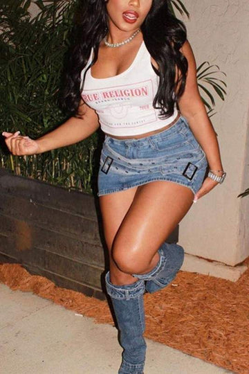 BELTED DENIM MINI SKIRT