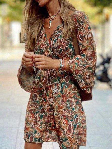 RETRO PRINTED V NECK SHORT SLEEVE DRESS