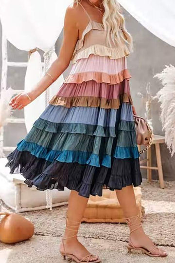 RUFFLE TIERED MIDI DRESS