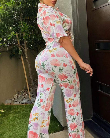 FLORAL PLANTS PRINT KNOTTED TOP PANTS SET