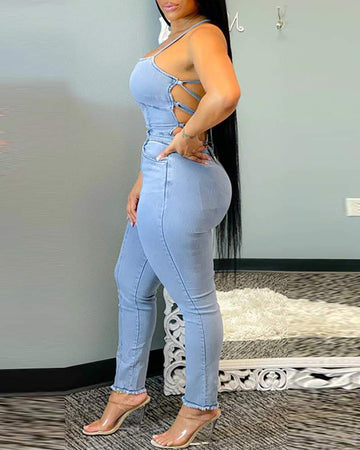 Square Neck Lace Up Denim Jumpsuit