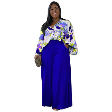 FOMA N7761 DROPSHIPPING PRODUCTS WOMENS WIDE LEG PANTS 2 PIECE SET FASHION PRINT LOOSE PLUS SIZE TWO PIECE SET