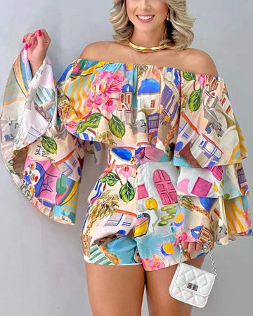 GRAPHIC PRINT OFF SHOULDER BELL SLEEVE CROP TOP SHORTS SET