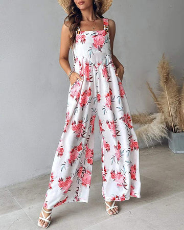 FLORAL PRINT WIDE LEG SUSPENDER JUMPSUIT