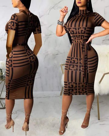 GEO PRINT SHORT SLEEVE BELTED BODYCON DRESS